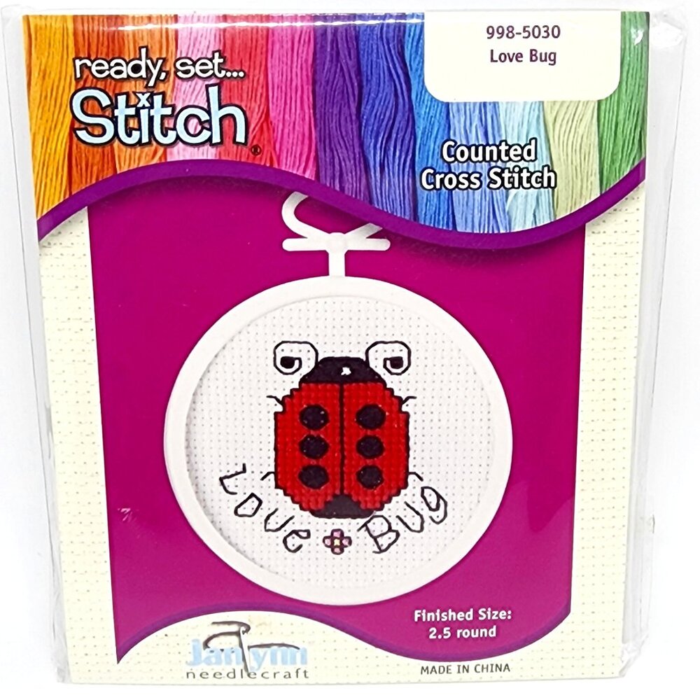 DIY Love Bug Lady Bug #998-5030 Counted Cross Stitch Janlynn Round Frame Picture